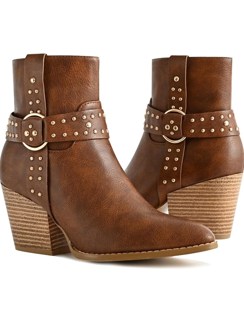 Women’s Brown Studded Ankle Boots - Fashionable Western Block Heel -size 9